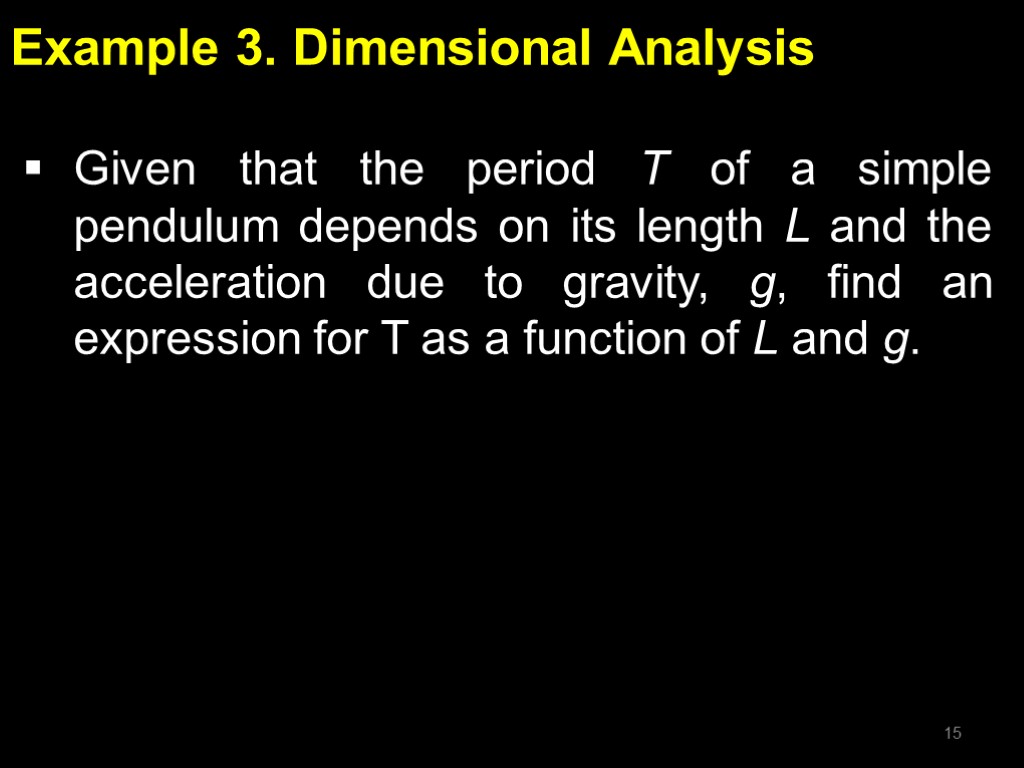 Example 3. Dimensional Analysis Given that the period T of a simple pendulum depends